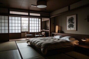 A contemporary Japanese Bedroom with a mix of vintage and modern furnishings, generative ai