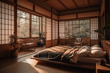 A warm Japanese-style Bedroom with plush textiles and bamboo accents set against a soft rice paper backdrop, generative ai