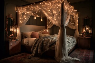 A romantic bedroom with a dreamy atmosphere, featuring a canopy bed adorned with velvet textiles and a mosaic headboard bathed in soft lighting, generative ai