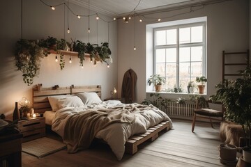 A cozy Scandinavian Bedroom filled with natural textures and warm lighting, generative ai