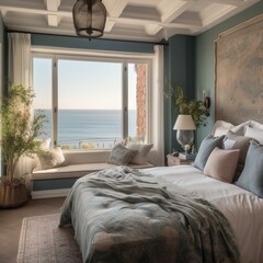 A tranquil Mediterranean Bedroom decorated with soft muted fabrics and relaxing colors, framed by picturesque views of the ocean, generative ai