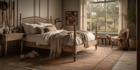 A rustic, yet elegant Cottagecore bedroom featuring a spindle bed frame, a vintage floral rug, and muted, earthy tones throughout the space, generative ai