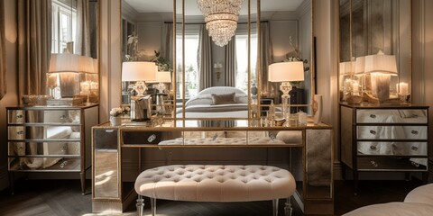 A Hollywood Regency bedroom fit for royalty with a mirrored dressing table and ornate metallic sconces, generative ai