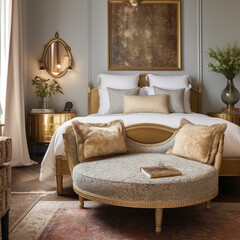 A charming bedroom with a cozy seating area and brocade accent pillows complementing the brass accents, generative ai