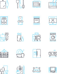 Furnishings depot linear icons set. Sofa, Chair, Table, Lamp, Rug, Ottoman, Cabinet line vector and concept signs. Bookcase,Pillow,Bed outline illustrations