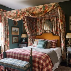 A playful bedroom with a plaid and floral patterned canopy above the bed, generative ai