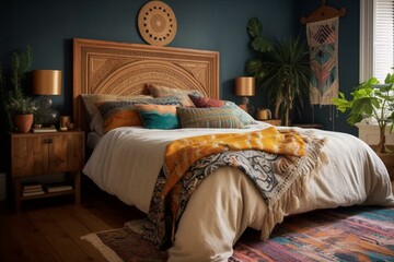 A cozy Global bedroom with a carved wood headboard, colorful textiles, and a natural woven rug, generative ai