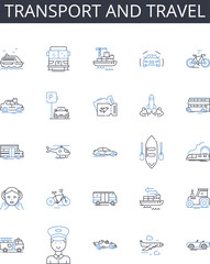 Transport and travel line icons collection. Commute, Voyage, Mobility, Pilgrimage, Transfer, Excursion, Expedition vector and linear illustration. Trek,Passage,Cruise outline signs set