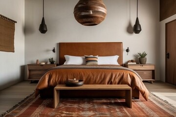 A minimalist Southwestern Bedroom with a leather headboard, simple wood nightstands and a striking pendant light, generative ai