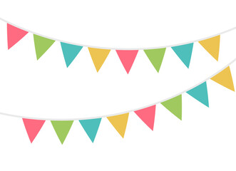 Multicolored triangular flags on ropes on a white background. Decoration of triangular flags. Vector illustration