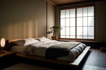 A modern Japanese Bedroom with clean lines and subtle silk accents in the form of pillows and curtains, generative ai