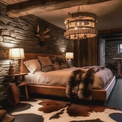 A Rustic Lodge Bedroom with a stone-clad accent wall, a cowhide rug, and a twig chandelier, generative ai