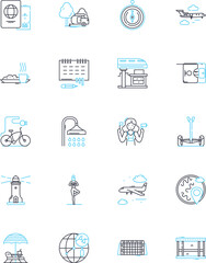Escapade linear icons set. Adventure, Thrill, Excitement, Action-packed, Fun, Unforgettable, Exploration line vector and concept signs. Escape,Rush,Adrenaline outline illustrations