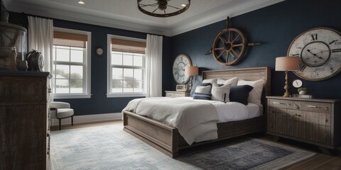 A serene Nautical Bedroom with navy blue walls, weathered wood ceiling beams, a seaside-inspired area rug, and a ships wheel wall clock, generative ai