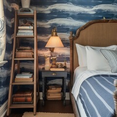 A whimsical Nautical Bedroom with a blue and white striped wallpaper, a weathered wood ladder shelf, a whale-shaped accent pillow, and a clamshell table lamp, generative ai