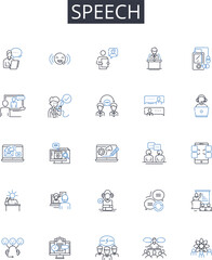 Speech line icons collection. Delivery, Oratory, Discourse, Verbalization, Dialogue, Expression, Conversation vector and linear illustration. Talkative,Articulation,Pronunciation outline signs set