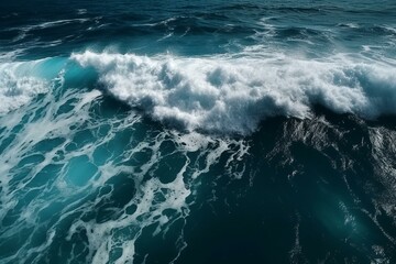 Fototapeta na wymiar Aerial top view background of ocean water wave white foam splashing in the deep sea from drone pov. Generative Ai illustration