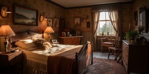 A cozy English Bedroom with a warm brown striped wallpaper, rustic wooden furniture, and cozy woolen tasselled blankets, generative ai