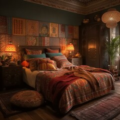 A Global-Inspired Bedroom with Embroidered Bedspreads and Intricately-Patterned Ceramic Bowls, radiating Warmth and Cultural Heritage, generative ai