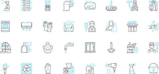 Cleaning services linear icons set. Sanitize, Disinfect, Tidy, Sweep, Scrub, Mop, Dust line vector and concept signs. Wipe,Polish,Vacuum outline illustrations