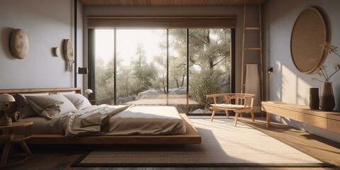 A serene Zen Bedroom with natural Bamboo accents throughout, generative ai