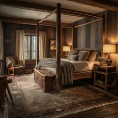 A serene Rustic Lodge Bedroom with a four-poster bed and a plush area rug, generative ai