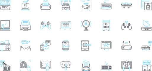 Communications tools linear icons set. Email, Chat, Video, Ph, Text, Voice, Conferencing line vector and concept signs. Telephony,Messaging,Collaboration outline illustrations