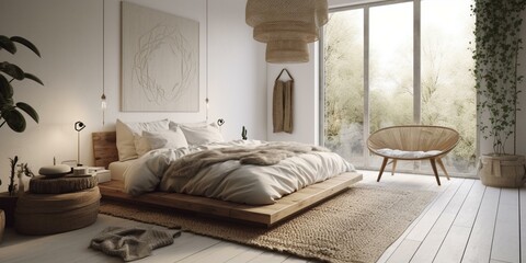 A minimalist Boho Chic Bedroom with a rustic woven rug and subtle crochet touches, generative ai
