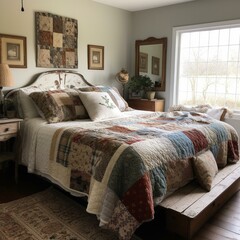 A Farmhouse Bedroom with plenty of personality, thanks to a mix of patterns and textures including a patchwork quilt, woven wall hangings, and a tufted headboard, generative ai