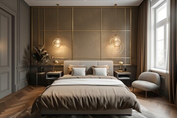 A contemporary bedroom with a sleek and minimalist aesthetic, accentuated by a simple mosaic accent wall and subtle gold metalwork details, generative ai