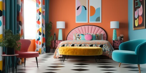 A Vibrant Retro Bedroom with colorful Pop art paintings, stylish geometric patterns curtains, a vintage bedside table, and an arc floor lamp, generative ai
