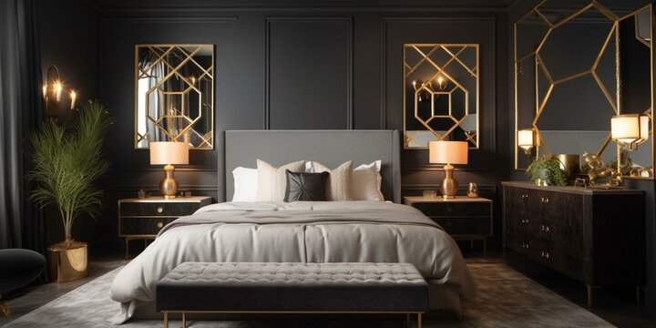 A modern Hollywood Regency bedroom with a geometric mirrored headboard, metallic grey walls, and warm brass lighting, generative ai