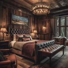 A Rustic Lodge Bedroom with reclaimed wood paneling, wrought iron lighting fixtures, and a leather armchair, generative ai