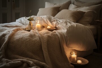 A Romantic Bedroom with Soft Textured Throws and Delicate Ceramic Candle Holders, exuding a Sense of Intimacy and Elegance, generative ai