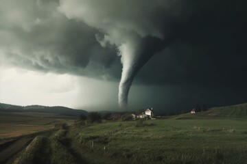 Tornado In Stormy Landscape - Climate Change And Natural Disaster Concept. Generative AI