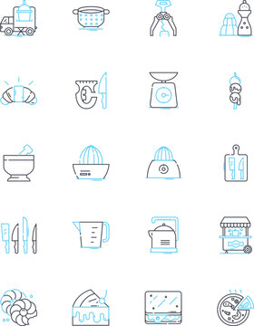 Food-preparation linear icons set. Chop, Blend, Bake, Saut?, Roast, Grill, Poach line vector and concept signs. Steam,Mix,Knead outline illustrations