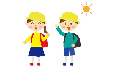 笑顔で登校する小学生2人のイラスト・ランドセル・新入生・おはよう