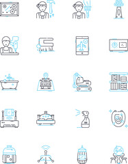 Lodging benefits linear icons set. Comfort, Convenience, Luxury, Relaxation, Tranquility, Hospitality, Amenity line vector and concept signs. Accessibility,Privacy,Security outline illustrations