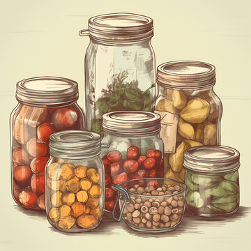 Reusable Containers: Flat style illustration of eco-friendly containers, like glass jars and metal tins, to encourage using them instead of disposable plastic. Generative AI...