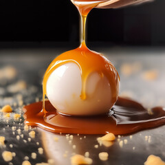 Egg with caramel sauce. Beautiful egg composition with caramel drops. Dessert or sweet dish. 3D realistic illustration. Creative AI