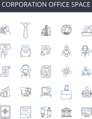 Corporation office space line icons collection. Business headquarters, Company workstations, Enterprise premises, Corporation property, Commercial establishment, Start-up premises, Firm workspaces
