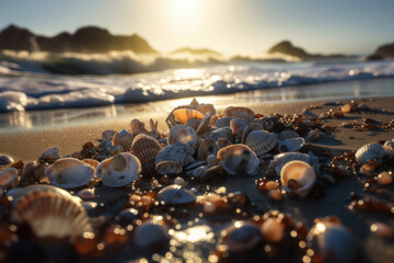 Obraz premium A collection of seashells on a beach creates an ideal natural landscape for conservation and preservation. The beauty of the shells adds to the coastal scenery. AI Generative.