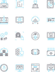 Fototapeta premium Cyber technology linear icons set. Encryption, Malware, Hacking, Firewall, Cyberattack, Cybersecurity, Cybercrime line vector and concept signs. Data breach,Cyberwarfare,Cyber espionage outline