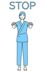 ストップの合図、体の前に手を突き出す中年・シニア女性入院患者