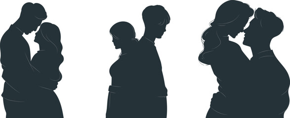 silhouettes of Three happy couple holding each other kissing and looking in eyes