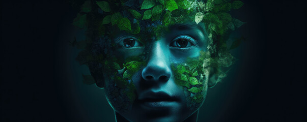 close up of face of a child with tres leaves on the face, neutral background, environment concept image, copy space, generative ai illustration