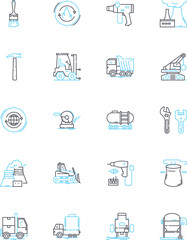 Construction industry linear icons set. Infrastructure, Renovation, Excavation, Concrete, Steel, Demolition, Site-preparation line vector and concept signs. Asphalt,Plumbing,Electrical outline