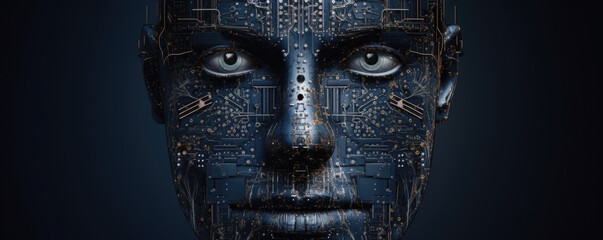 Fototapeta na wymiar Close-up on a blue and grey android face made with electronic components and circuits, artificial intelligence concept, generative ai illustration