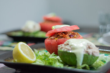 stuffed tomato, stuffed avocado.