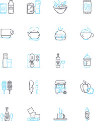 Cuisine cafe linear icons set. Coffee, Croissant, Bagel, Pastry, Sandwich, Panini, Quiche line vector and concept signs. Salad,Soup,Latte outline illustrations